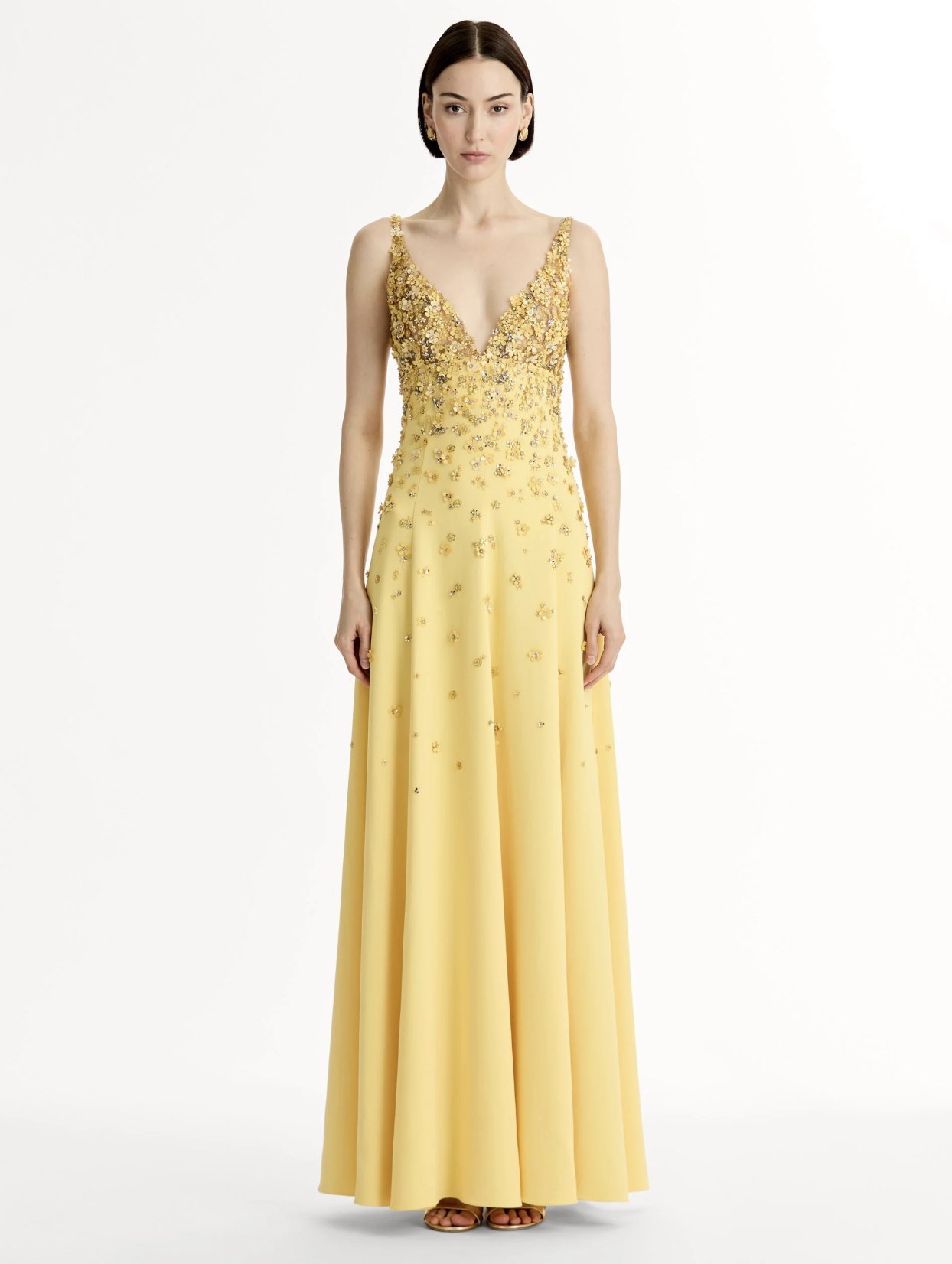 Gold Leaf Embroidered Faille Gown, on model