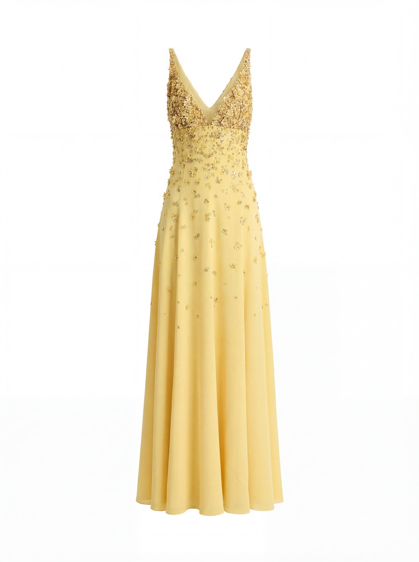 Gold Leaf Embroidered Faille Gown, ghost mannequin made by AI from the on-model photograph